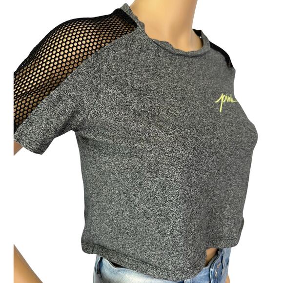 2/$15 Pink Victoria's Secret Fishnet Shoulder Crop Top Gray Short Sleeve Size XS - Picture 3 of 12